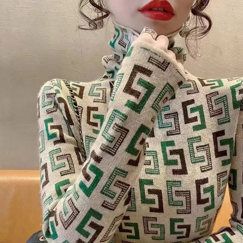 Autumn Winter Vintage Chic Geometric Turtleneck Sweaters Women Clothing Casual All-match Long Sleeve Knit Pullovers Fashion Tops