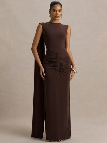 Mozision Backless Cape Sleeves Sexy Maxi Dress Women Gown Elegant Boat-Neck High Waist Ruched Bodycon Club Party Long Dress