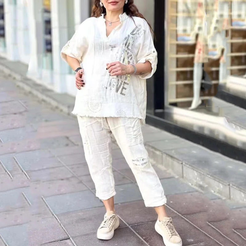 Summer New Women Loose Suits Simple Casual V Neck Printed Short Sleeve Pullover Top and Solid Color Wide Leg Pant 2 Piece Set