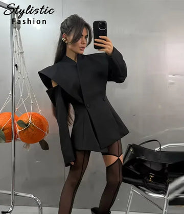 Cold Shoulder Blazer Women Elegant Double Breasted V-neck Long Sleeve Waist-Closed Jackets 2026 Spring Fashion Streetwear Lady