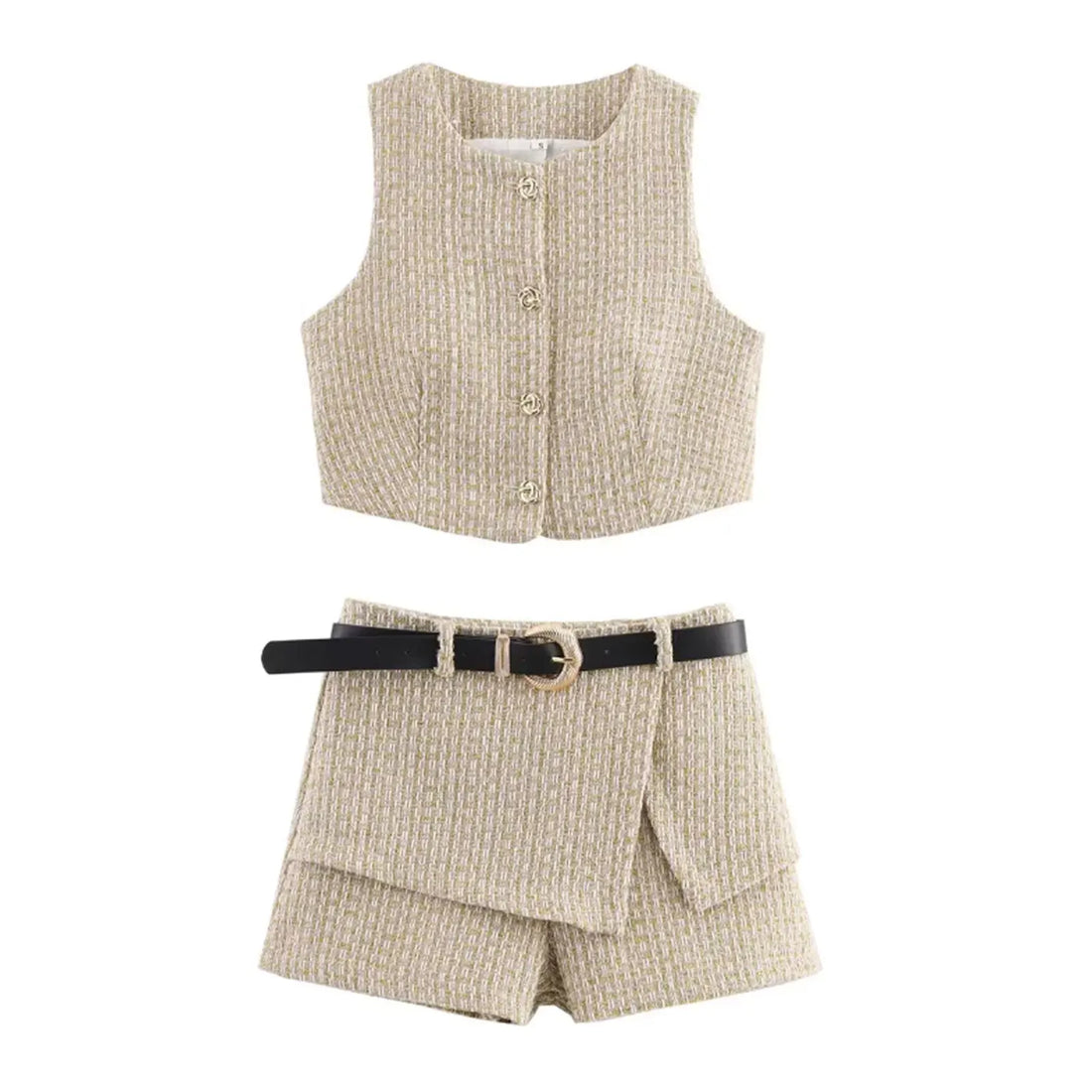 Vintage Women's Shorts Set Sleeveless O-Neck Short Vest Top+High Waist With Belt Culottes 2025 Summer Woman Suits Outfits