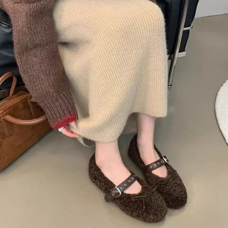 Autumn Winter Short Plush Women Warm Flats Shoes Fashion Butterfly-knot Belt Buckle Shoes Ladies Ballet Style Mary Jane Shoes