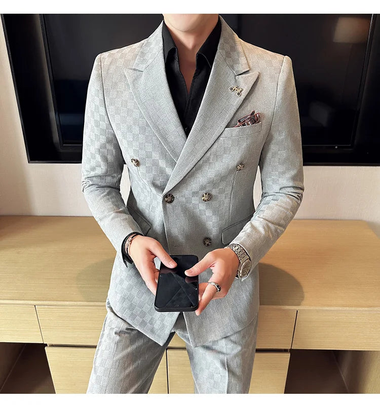 (Jacket+Pants) 2 Pieces Blue Apricot Business Party Men Suits Double Breasted Formal Style Custom Made Wedding Groom Tuxedos