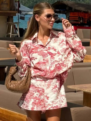 Oymimi Elegant Red Print Women's Two Pieces Set Fashion Lapel Long Sleeve Button Shirts And High Waisted Shorts Sets Streetwear