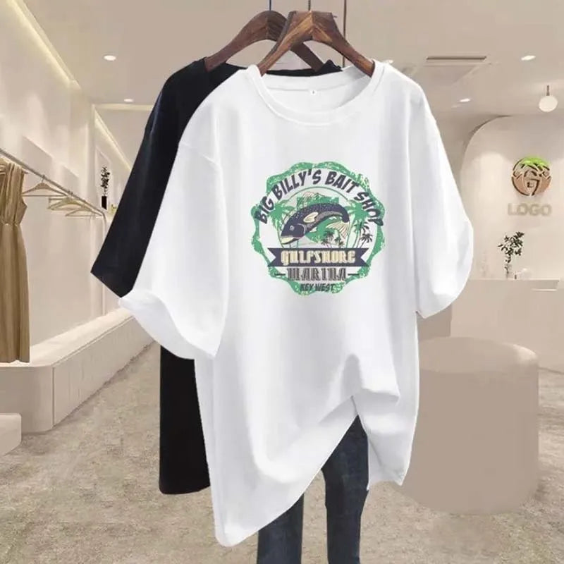 Women's Clothing Fashion All-match Oversized Tshirt Summer Casual Loose Pure Cotton Top Tee American Style Short Sleeve Pullover