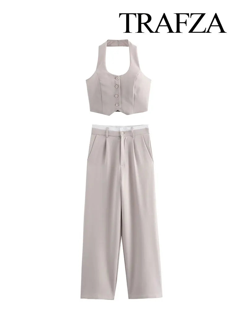 TRAFZA Women's Street Vest Set Retro Backless Halter Collar Slim Button Vest + High Waist Pleated Women's Pocket Wide Leg Pants