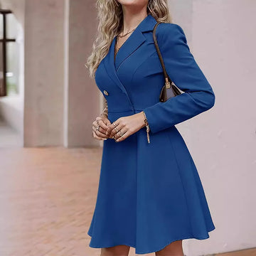 2026 Spring Autumn Women's Solid Color Double Breasted Long Sleeve Slim Fit Elegant Office Commute Versatile Slimming Long Dress