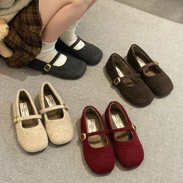 Fur Lining Women Flats Shoes Comfort Round Toe Soft Sole Shoes Outdoor Warm Short Plush Mary Jane Shoes For Autumn Winter