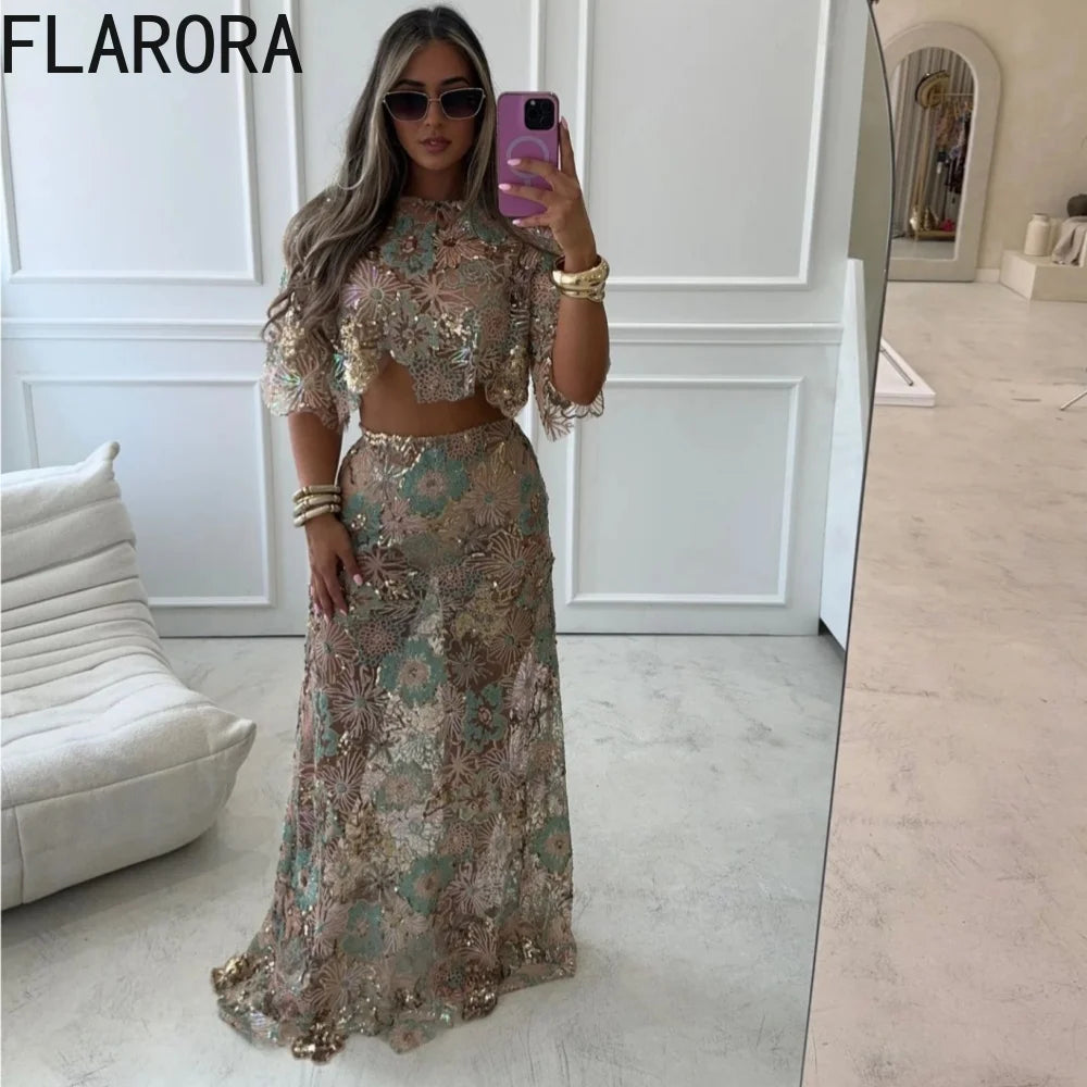 FLARORA Luxury Embroidery Sequin Dress 2 Pcs Sets Woman O Neck Half Sleeve Crop Tops And Floor Skirts Outfits Birthday Partywear