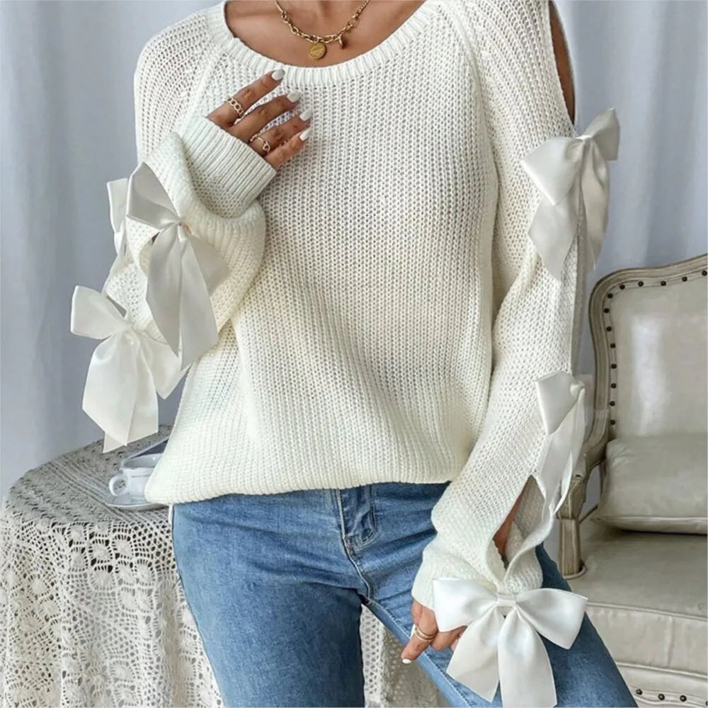 Autumn New Knitted Pullover Sweater French Round Neck Bow Decorated Long-sleeved Loose For Women Fashionable Comfortable Trendy