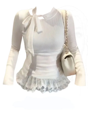 Knit Bow Tied Basic Top Women Patchwork Lace Ruffles Slim fit Long sleeve T-shirt Solid color Plain Tees Shirt Ladies Korean