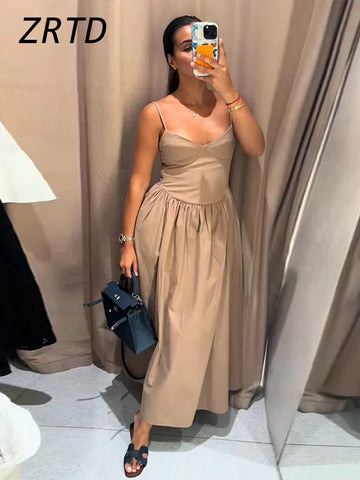 Sexy Sling Long Dress Women Pleat V-neck Backless Sleeveless A-line Female Holiday Dresses 2025 Summer Lady Solid Casual Robes
