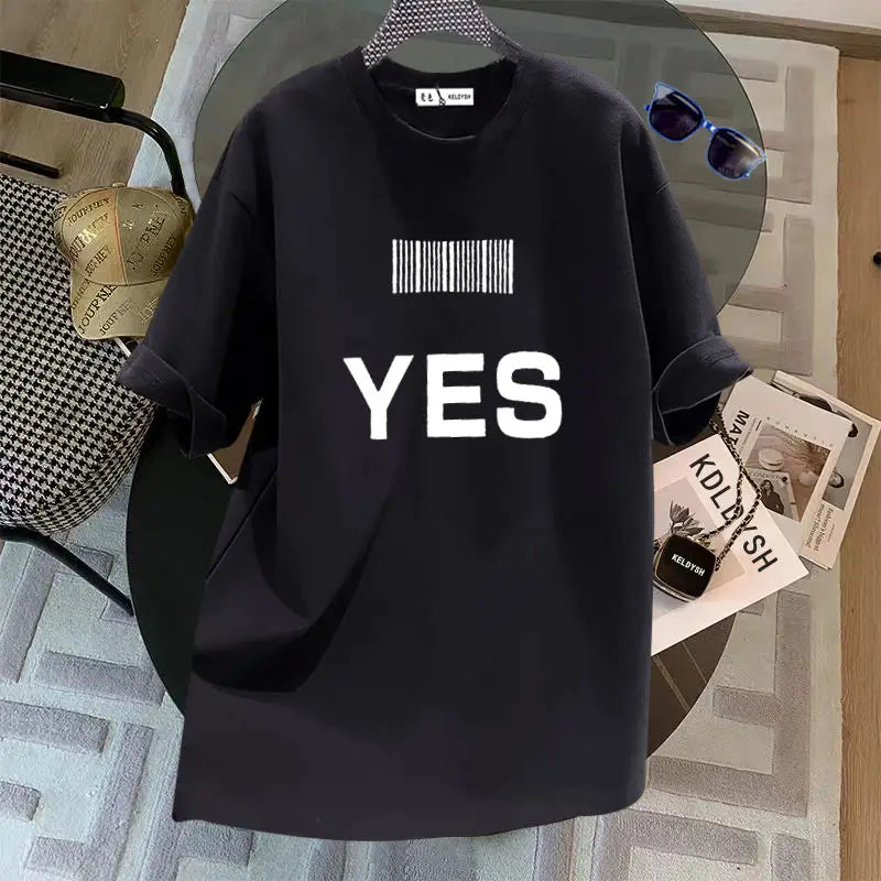 Summer Fashion Letter YES Print Short Sleeve T-shirts Women Clothing Chic Cotton Basic O-neck Top Tees Casual Loose Pullovers