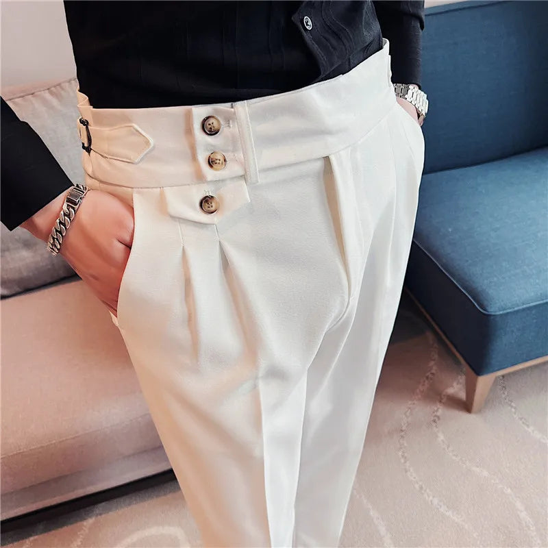 2024 Spring Autumn Men High Waist Belt Design Casual Slim Formal Dress Pant Men Social Office Wedding Party Dress Suit Pants