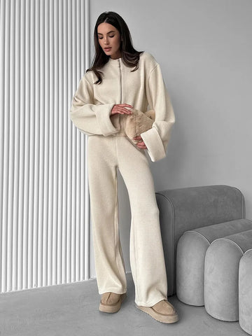 Blubelle Women's New Autumn Winter Zip Up Jacket Wide Leg Pants Set Soft Knit Long Sleeve Loose Casual Knitted Sweater Set