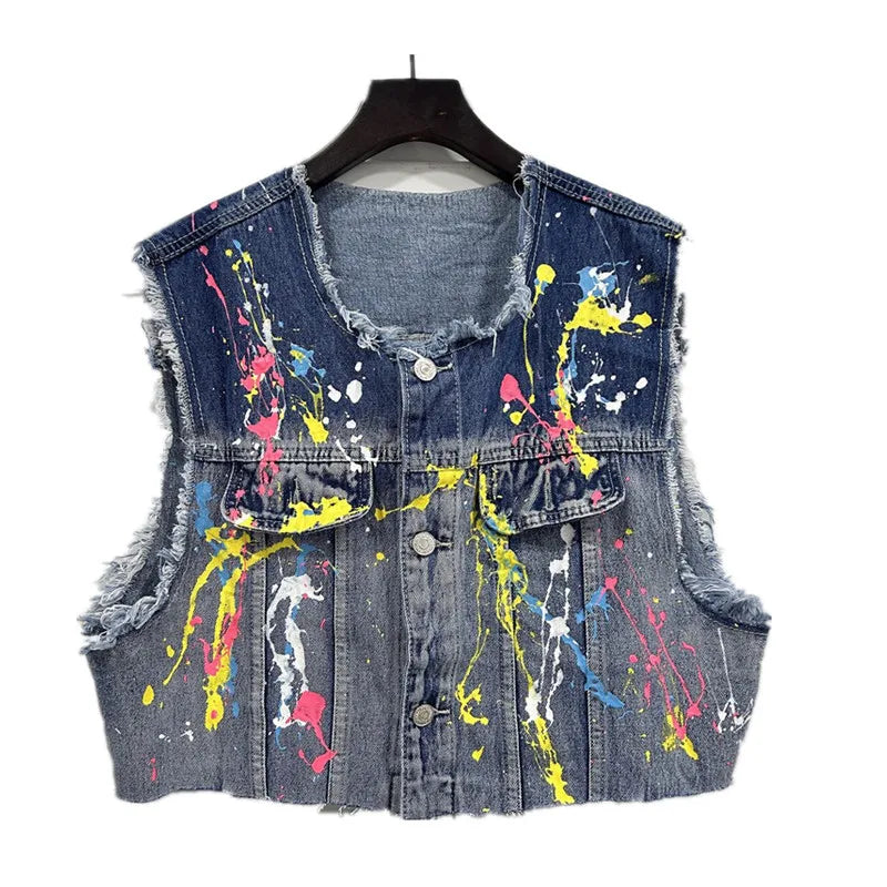 Vintage Hand-Painted Graffiti Print Short Denim Vest Women Spring New O-Neck Sleeveless Jacket Female Jean Waistcoat Tide T1174
