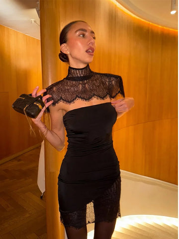 Black Lace Patchwork Strapless Dress Women Sexy Cape Shawl Waist Cinching Slim Mini Dresses Lady 2026 Evening Club Party Gowns