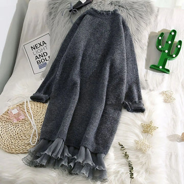 Lace Splicing Knitted Sweater Dress Women Autumn Winter Korean Half High Collar Thick Mid Dresses Solid Color Loose Versatile