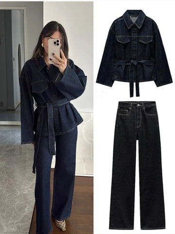 Vintage Denim Jacket Pants Set Women Lapel Single Breasted Belt Jackets Pockets Straight Jeans 2025 Spring Lady Street Outfits