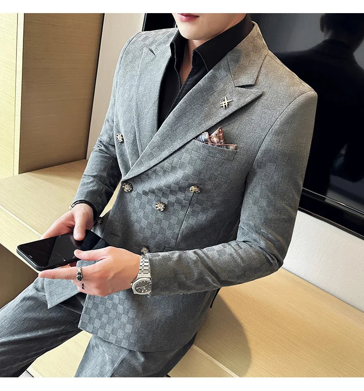 (Jacket+Pants) 2 Pieces Blue Apricot Business Party Men Suits Double Breasted Formal Style Custom Made Wedding Groom Tuxedos