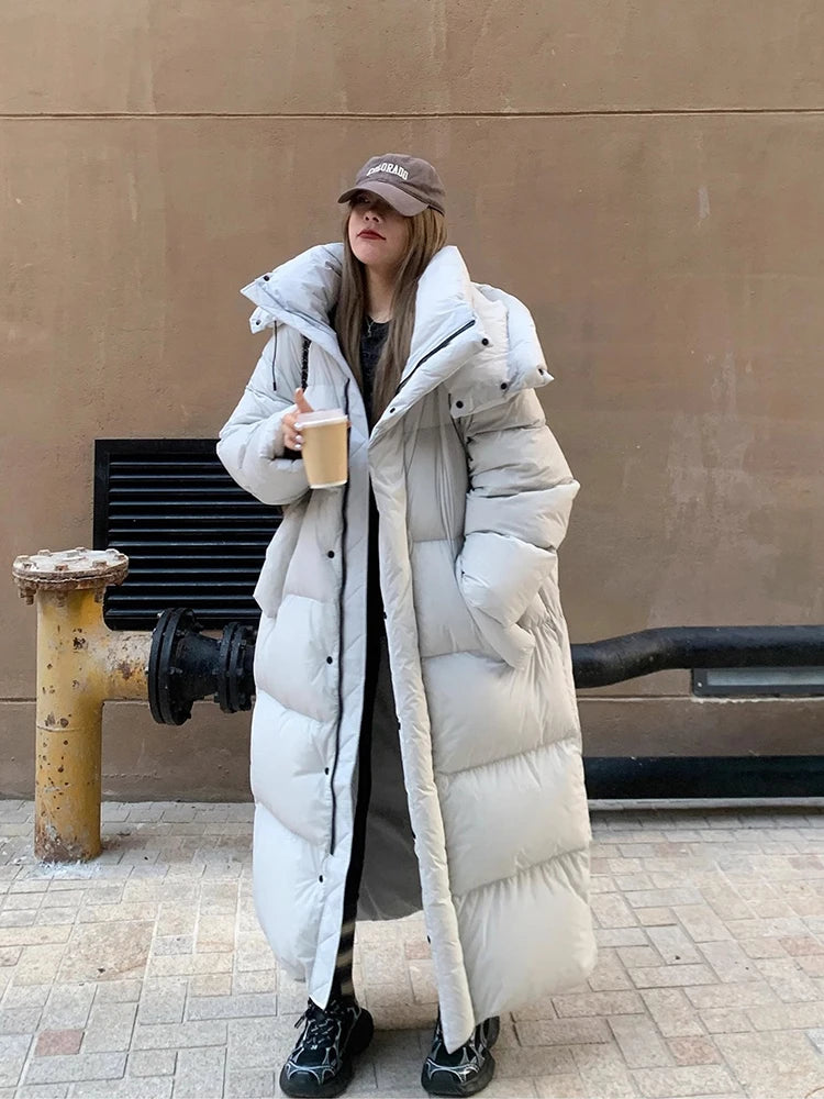 Winter Thick Long Hooded Down Jacket Women White Duck Down Knee Length Down Jackets Female Solid Warm Outdoor Parkas Outwears