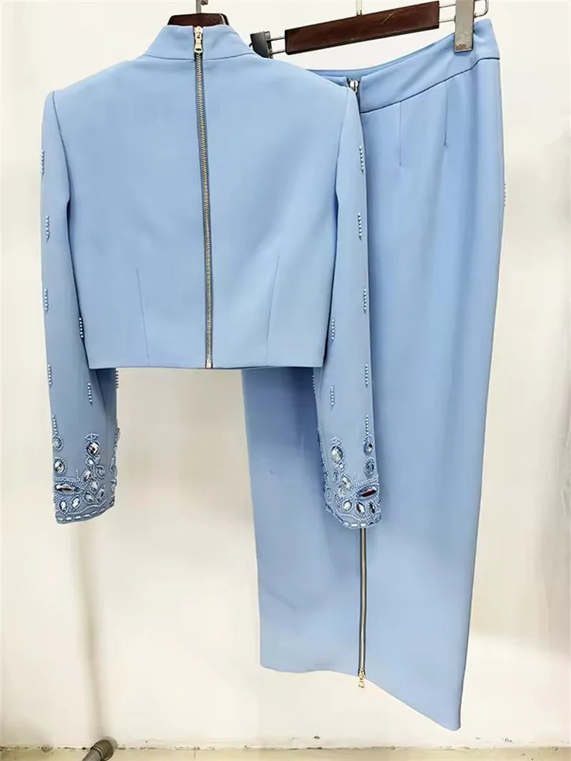 Suit Set Women New Fashion Beads Diamonds Half Skirt Suit 2025  Stand Collar Zip Back Cropped Tops Long Skirt Set 2pcs