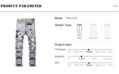 Men Snake Embroidery Gray Denim Jeans Streetwear Holes Ripped Distressed Stretch Pants Embroidered Slim Straight Trousers