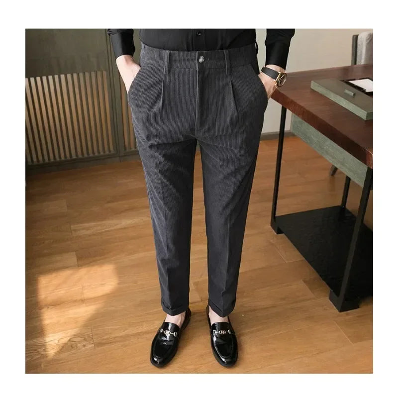 British Style Men High Waist Casual Dress Pant Men Belt Design Slim Trousers Formal Office Social Wedding Party Dress Suit Pants