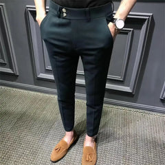 Men Blazer Pants Anti-wrinkle Mid Waist Men Ninth Pants Young Style Men Casual Ninth Suit Pants Pockets Business Long Trousers