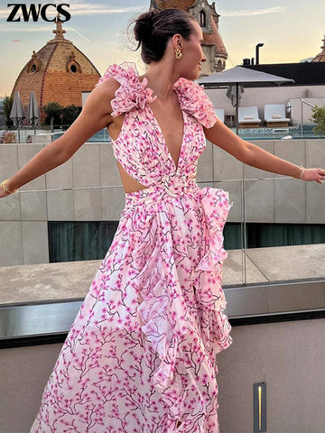 Print Ruffles Hollow Out Long Dresses Women's Sexy Backless Sleeveless Lace-up High Waist Split Dress 2025 New Lady Beach Robes