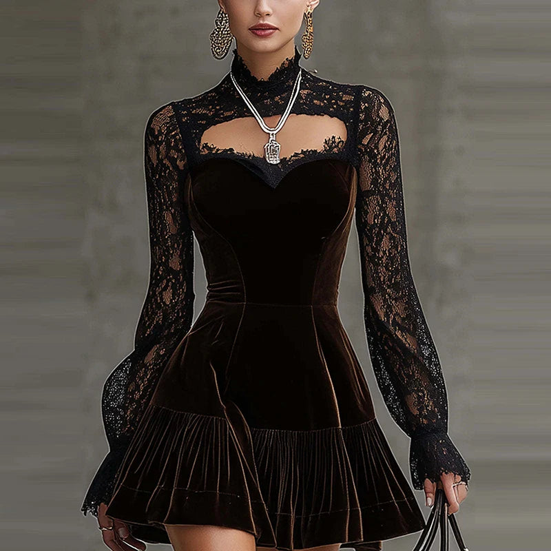 Velvet Lace Party Dress Women Sexy Hollow Out Long Sleeve A-Line Mini Dresses For Women Fashion Autumn Winter Short Dress