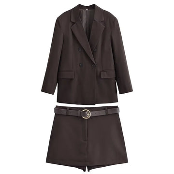 2025 Winter New Women's Long-Sleeved Padded-Shoulder Loose Casual Double-Breasted Suit Jacket + Belted Shorts