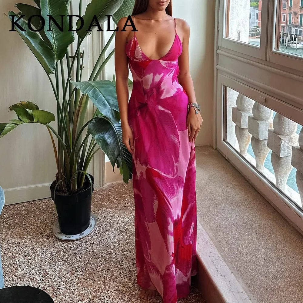 KONDALA 2025 Spring Summer Chiffon Boho Women Cami Dresses Fashion Strapless Sleeveless Print Zipper Chic Ladies Cami Dresses