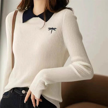 Autumn Winter New Chic Spliced Turn-down Collar Knit Pullover Women Clothing Fashion Slim Dragonfly Embroidery Sweater Sweet Top