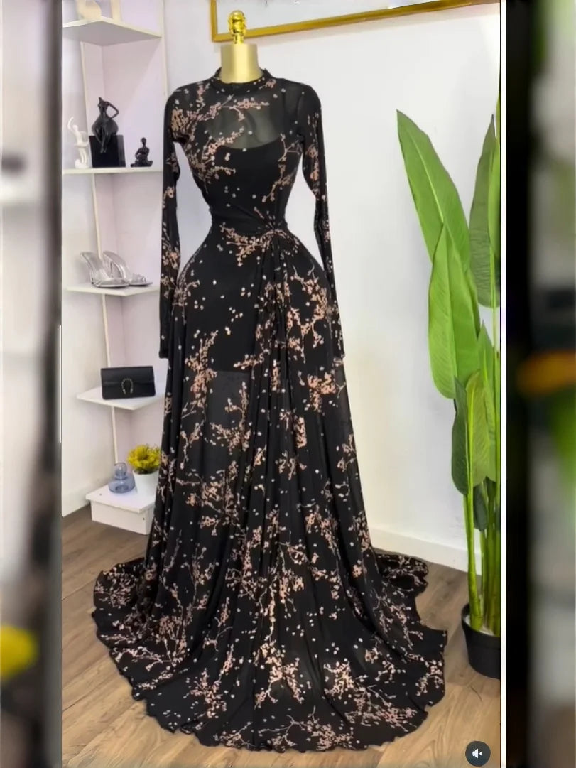 GLCMYAYA Women Long Sleeve Floral O-neck High Split Big Swing A-line Maxi Dress 2026 Birthday Vacation Trendy Dresses Vestidos