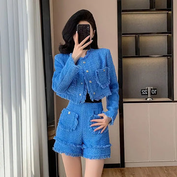 Blue Tweed Skirt Set for Women Spring Autumn New Small Fragnance Style 2 Pieces Suit New Arrival Jacket Tops+Shorts Outwear