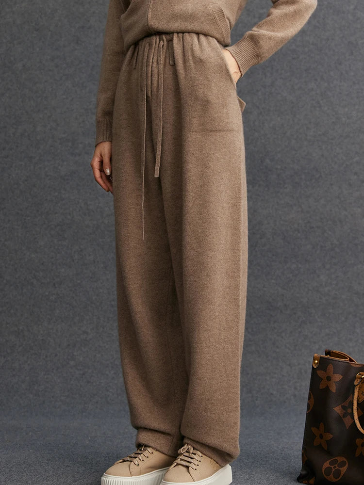 CHICUU Autumn Winter Women 100% Cashmere Knit Suit Cardigan Wide Leg Pencil Pants Casual Loose Cashmere Sweater Trousers Sets