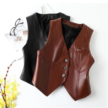New Spring Autumn Casual V-Neck Irregularity Short Black Vest Female Imitation Leather Waistcoat Women Sleeveless Jacket T951