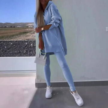 Fashion Autumn Winter Solid Color Two Piece Set Women Hooded Long Sleeved Sweatshirt Tight Pants Casual Two Piece Set 2025
