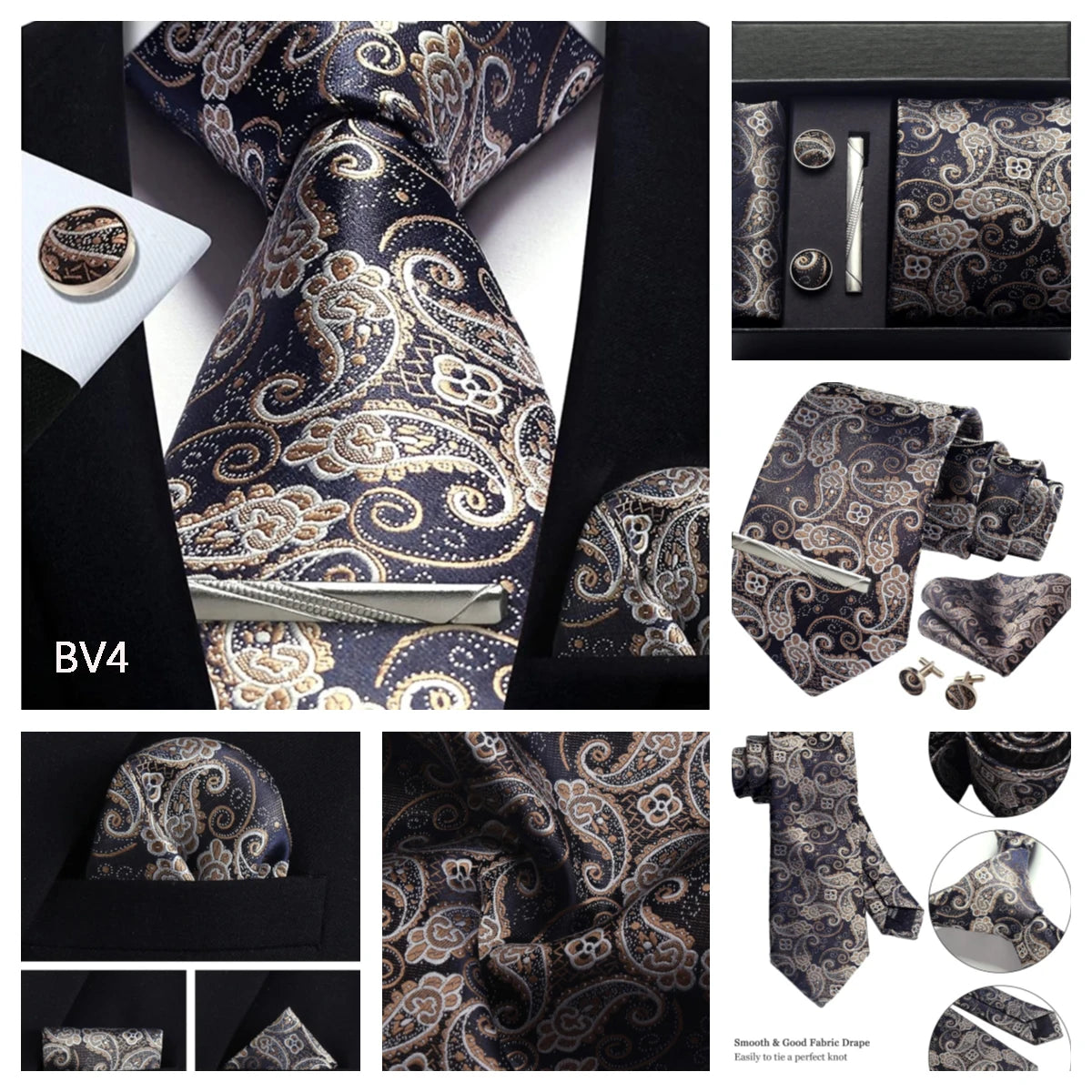 100% Silk Necktie Paisley Floral Mens Tie Top Quality Business Tie Pocket Square Tie Clip Cufflinks Set Classic For Men Gift Box