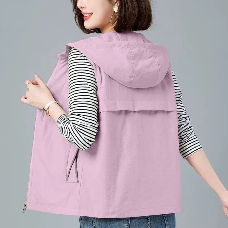 Hooded Short Vest Women 2025 New Summer Korean Fashion Zipper Students Loose Sleeveless Jacket Casual Thin Waistcoat Female T965
