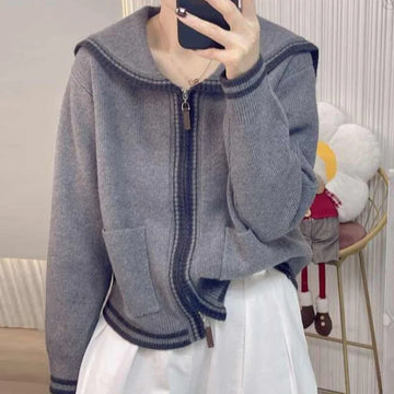 Knitted Sweater Women Cardigans New Long Sleeve Sailor Collar Knit Sweater Cardigan Women Tops Knitwears Sueters De Mujer Q1424