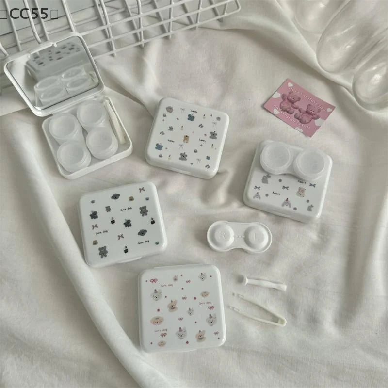 〔CC55〕Portable Cartoon Dog Rabbit Eye Contacts With Mirror Contact Lens Case Colored Lenses Container Box For Party Travel Set
