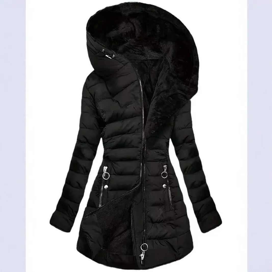 Warm Fleece Lined Hooded Women's Cotton Jacket Autumn Winter Style Casual Long Length Thickened Polyester Fabric Coat