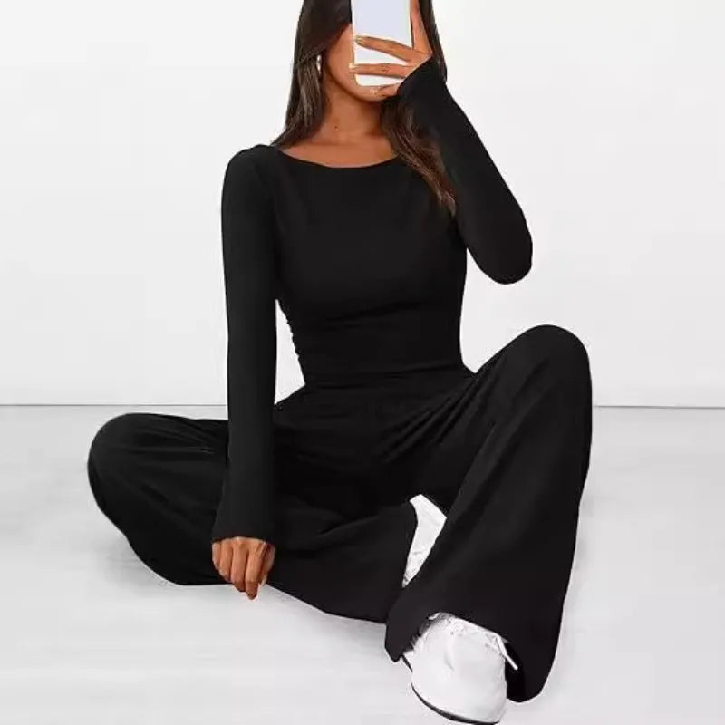 2025 Autumn New Fashion Women's Casual Set Asymmetrical Long-sleeved T-shirt Wide-leg Trousers Sportswear Women's Clothing