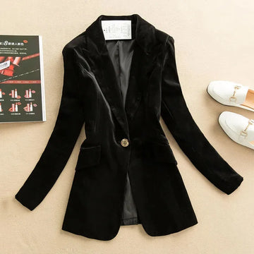 Fashion Suit Jacket Women 2025 Spring Autumn New One Button Gold Velvet Pocket Turn Down Collar Slim Blazer Coat Female T1064