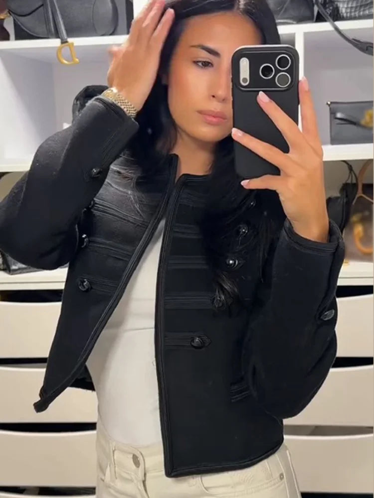 2026 Spring New Double Breasted Cardigan Jacket For Women Vintage Round Collar Cropped Coats Lady High Street Chic Outerwear