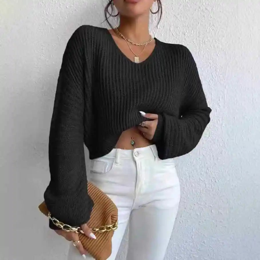 Knitted Sweater Women Pullovers New Long Sleeve V-Neck Black Knit Sweater Pullover Women Tops Knitwears Sueters De Mujer Q1174