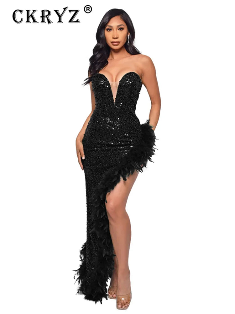 Ladies Summer Elegant Evening Party Dress Women Sleeveless Backless Tube Side Slit Long Dress Woman Clothes Birthday Clubwear