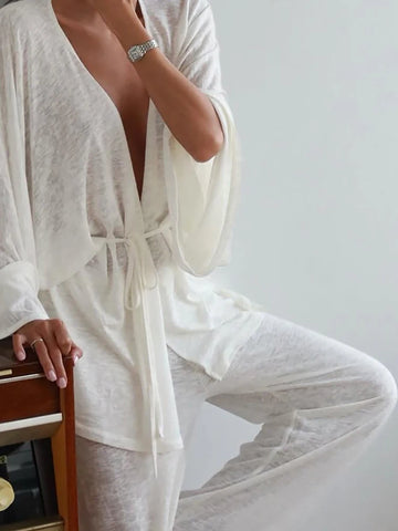 Casual Loose Sleepwear Outfit Autumn Winter Soft Comfortable Homewear Suit Women V-neck Long Sleeved Top and Pants Two Piece Set